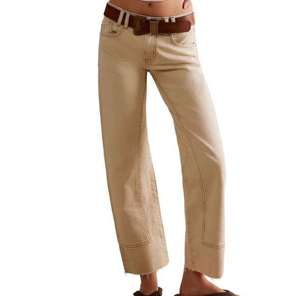 We The Free Denim - FREE PEOPLE We The Free Risk Taker Mid Rise Tan Straight Leg Raw Hem Jeans 29